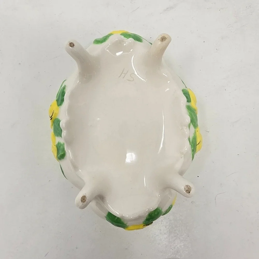 Vtg ceramic footed trinket dish w/lid yellow green‎ roses floral cottagecore